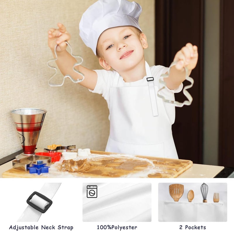 IAGBIBUI Kids Apron and Chef Hat Set, 30 Pieces Boys Girls Kids Apron with 2 Pockets Adjustable for Cooking Classroom Baking Painting, 6-13 Years, White - Image 3